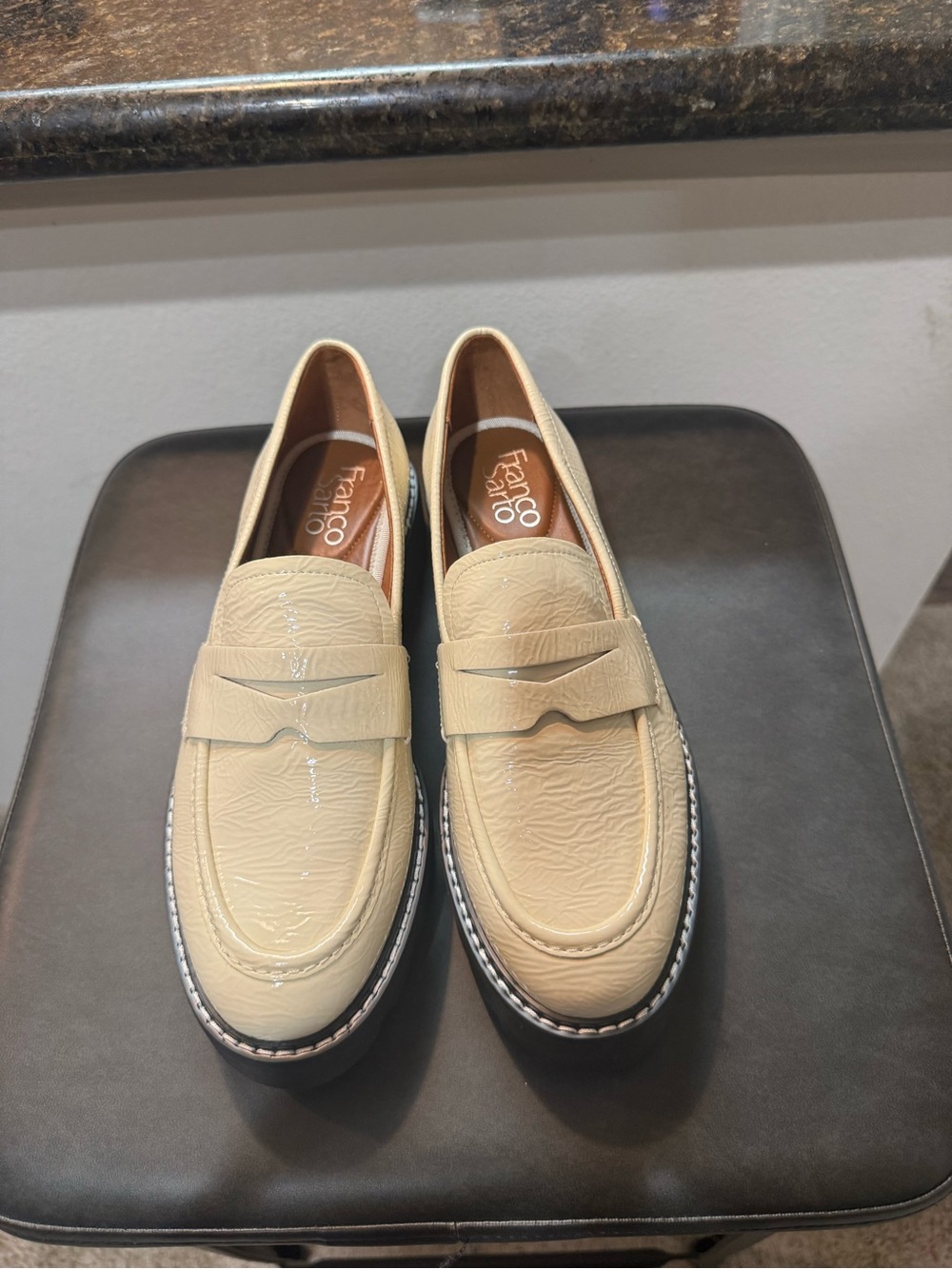 Franco Sarto Unisex Cream Patent Leather Penny Loafers with Black Trim